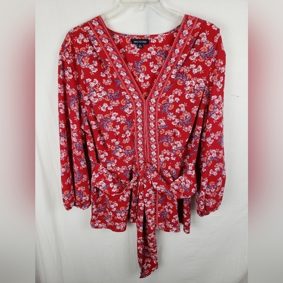 Max Edition Red Floral Long Sleeve Bohemian Waist Tie Shirt Sz XL - Picture 2 of 10